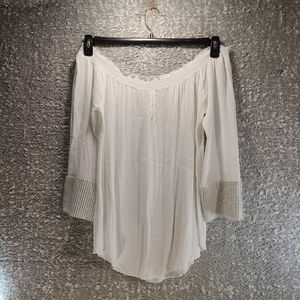 Muche Muchette Women's O/S Off the Shoulder White Blouse Beaded Sleeve Polyester